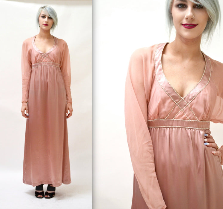 70s 80s Vintage Draped Goddess Gown Pink Silk Small// 80s Vintage Wedding Evening Gown Dress Grecian Bride in Pink Silk with Rhinestones
