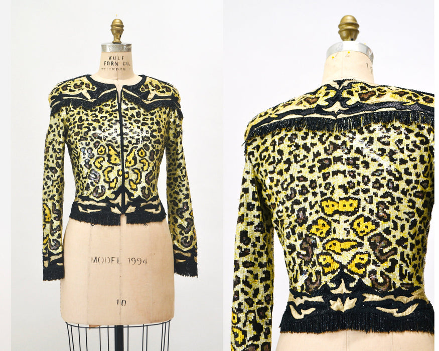 80s Vintage Valentino Sequin Jacket Leopard Cheetah Animal Pattern Beaded Fringe// Vintage Valentino Sequin Beaded Jacket Small Medium