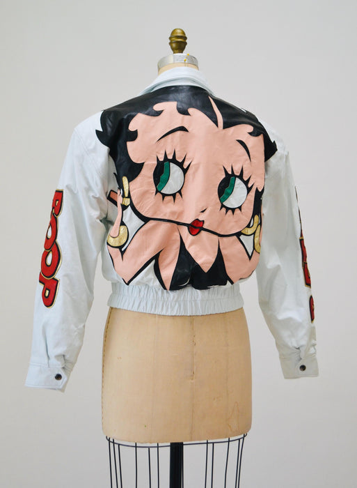 80s 90s Vintage Leather Jacket Betty Boop Small Medium Vintage White Leather Bomber Jacket with Betty Boop Comics Pop Art Leather By Maziar