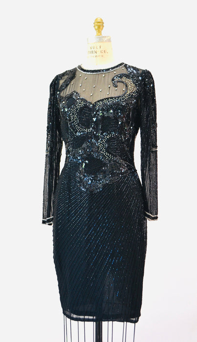 80s 90s GLAM Vintage Black Beaded Sequin Party Cocktail Dress Small Medium by Nighline Black Silk Long Sleeve Party Pageant Sequin Dress