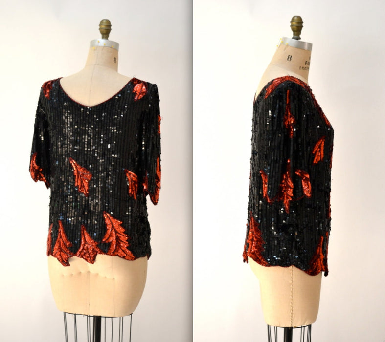 Vintage Sequin Shirt Red and Black Medium 80s Glam Flapper Shirt// Vintage Art Deco Flapper Inspired Sequin Top 80s Party sequin beaded Top