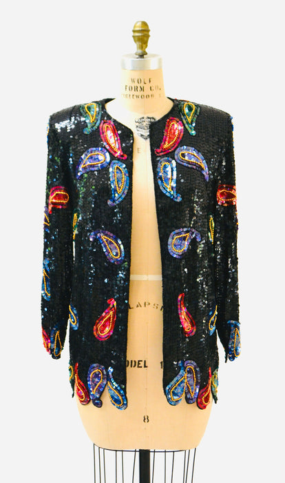 Vintage Black Sequin Jacket Paisley Beaded Jacket Medium Large // Vintage Black Sequin Jacket Paisley Metallic 80s 90s Glam Sequin Jacket