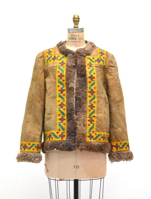60s 70s Vintage Embroidered Shearling Afghan Jacket Penny Lane Small Medium// 70s Shearling Coat Suede Leather Fur Embroidered Jacket Small