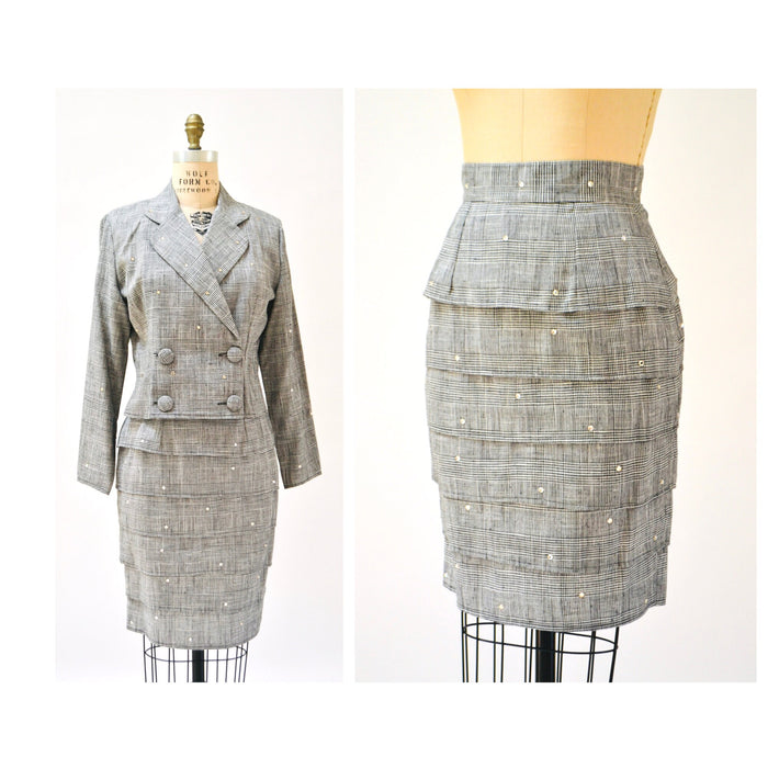 90s Vintage Plaid Jacket Skirt Suit Rhinestones Black and White Plaid Double Breasted Suit Jacket Rhinestone Glam Power Suit Small Medium