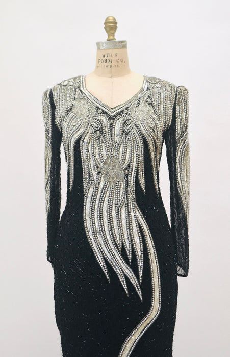 70s 80s GLAM Vintage Black Silver Beaded Sequin Evening Gown Small Medium // 80s 90s Pageant Drag Queen Black beaded Dress Gown Small Medium