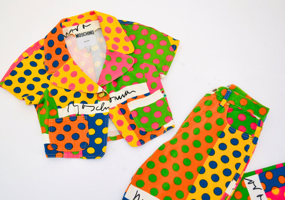 90s Vintage Moschino Jeans Polka Dot Suit Cropped Jacket Jeans Pants With Rainbow Polka Dot Print Size Small Medium Fashion Pop Art