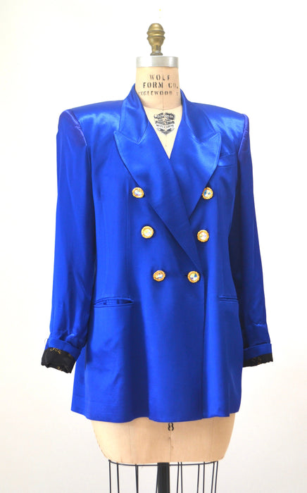 Vintage 80s 90s Cobalt Blue Satin Suit Jacket Blazer 90s Blue Barbie Power Suit Medium Large Rhinestone Buttons// 90s Glam Jacket  Criscione