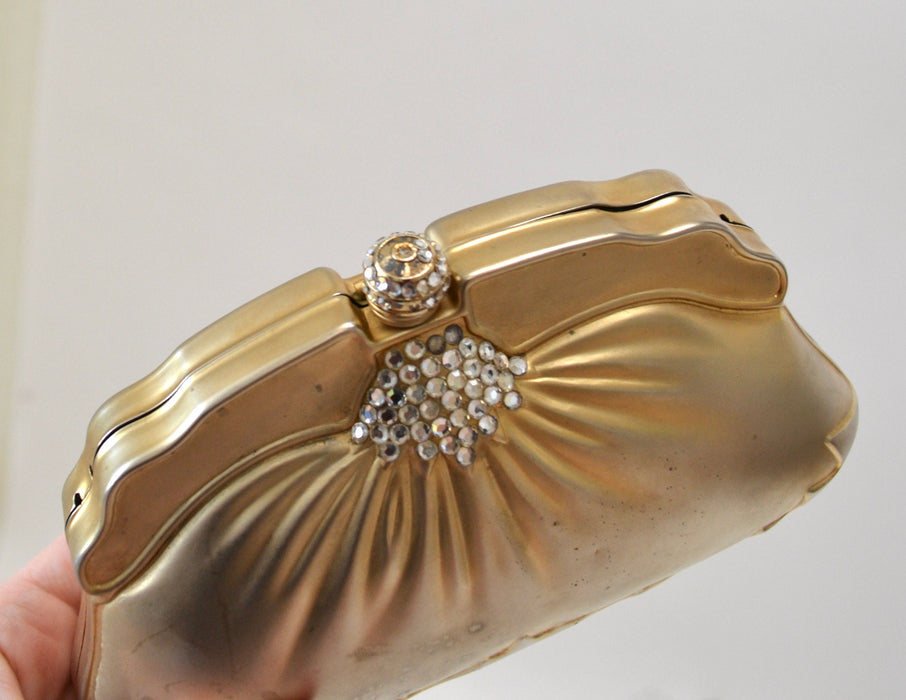 90s Vintage Metallic Gold Metal Clutch Evening Bag Hard Case with Crystals// Vintage Gold Wedding Clutch Metal Evening Bag Gold Clutch