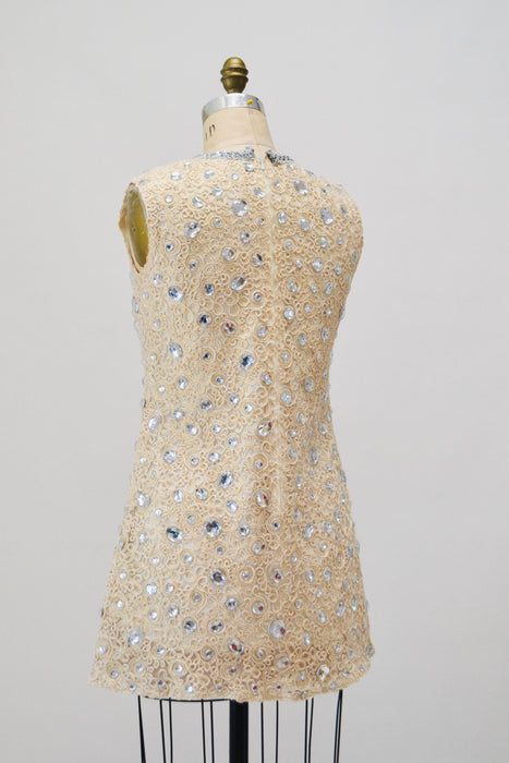 60s 70s Vintage Metallic Cream Lace Rhinestone Dress Small Medium// 60s 70s Vintage White Silver Gold Lace Party Wedding Rhinestone Dress