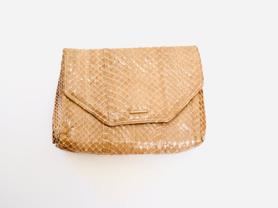80s Vintage Tan Brown Leather Clutch Bag Purse Snakeskin Python// 80s Tan Camel Leather Snake Skin Bag Purse Jay Herbert