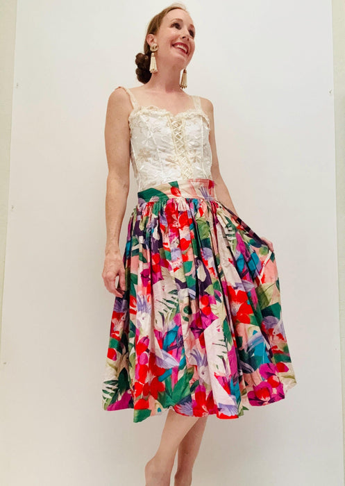 80s Charles Jourdan Vintage Tropical Floral Print Bird Print Skirt Medium Cotton Summer Tropical Beach Cruise Party skirt Made in France