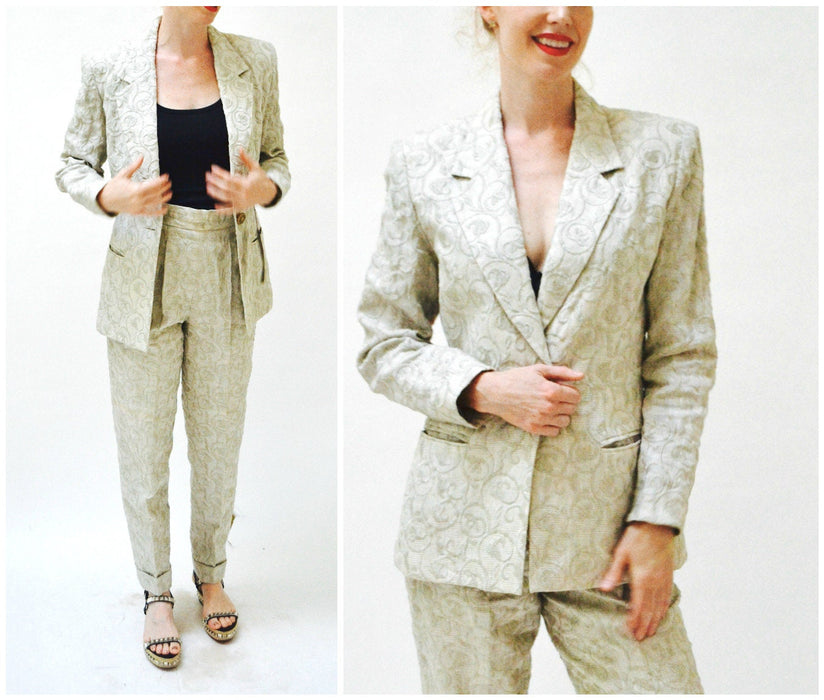 90s 00s Vintage Embroidered Linen Suit Jacket Pants in Khaki Tan Small Medium By Richard Mishann // 90s Vintage Linen Suit Jacket Pants