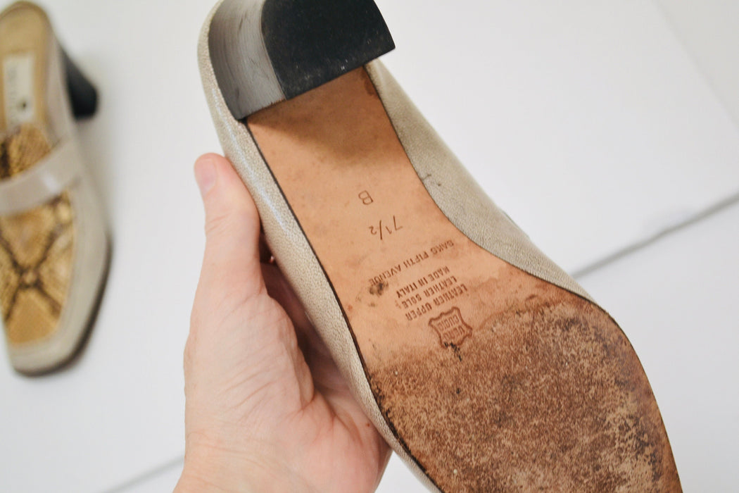 90s 00s Y2K Vintage Snake Skin Leather Slides High Heel Loafers Shoes 7 1/2 Vintage Tan Snake Skin High Heel Shoes Mules Saks Fifth Avenue
