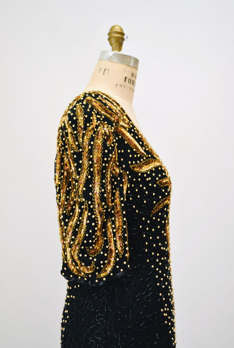 70s 80s GLAM Vintage Black Gold Beaded Sequin Evening Gown Small Medium // 80s 90s Pageant Drag Queen Black beaded Dress Gown Medium