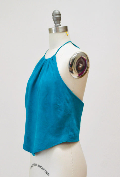 2000s Y2k Vintage Blue Leather Halter Neck Crop Top Blue Turquoise Leather Party Top Y2k Party Club Top by Laundry Halter leather top Small