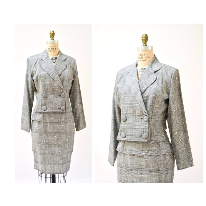 90s Vintage Plaid Jacket Skirt Suit Rhinestones Black and White Plaid Double Breasted Suit Jacket Rhinestone Glam Power Suit Small Medium