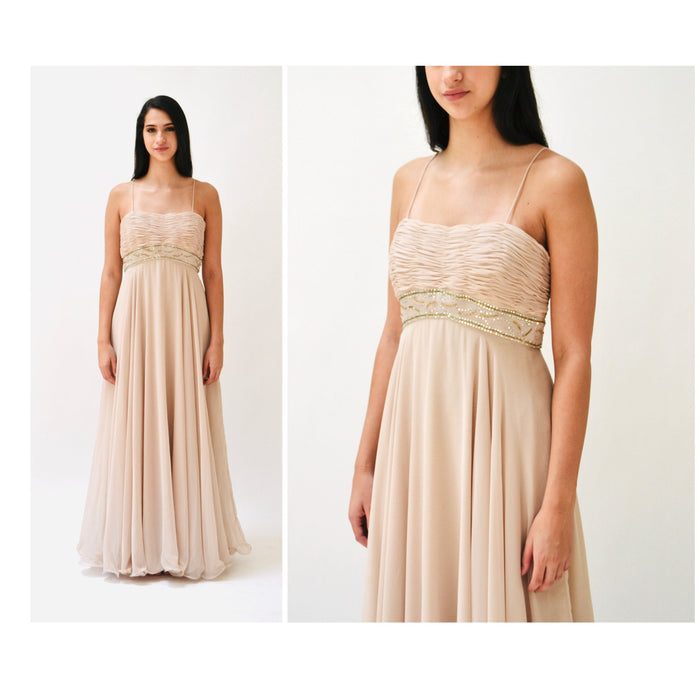 90s Vintage Wedding Party Tan Nude Evening Gown Jacket Rhinestone Beaded Dress Small Medium// Rose Taft Mother Of the Bride Wedding Dress