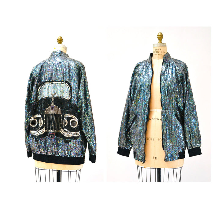 80s 90s Vintage Sequin Jacket with Rolls Royce Car Hologram Sequin Jacket small// Vintage Black Sequin Bomber Jacket Small Medium by Modi