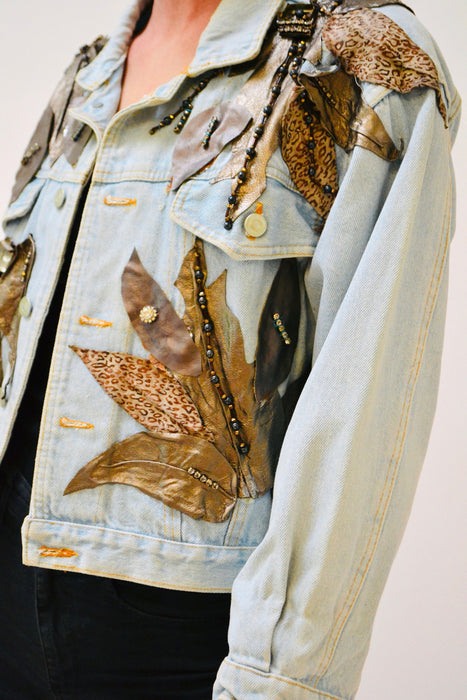 80s Vintage Denim Jacket Leather Rhinestone Medium // 90s 80s  Glam Denim Jean Jacket Womens Beaded Flower Leather Jean Jacket Art to Wear