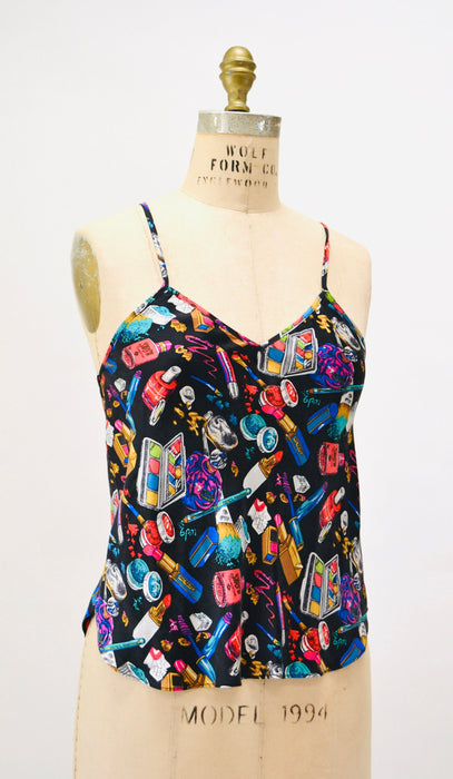 90s Nicole Miller Vintage Silk Tank Top Make UP Lip Stick Cosmetologist Print Small Medium // Vintage Silk Cami lingerie Make up Print