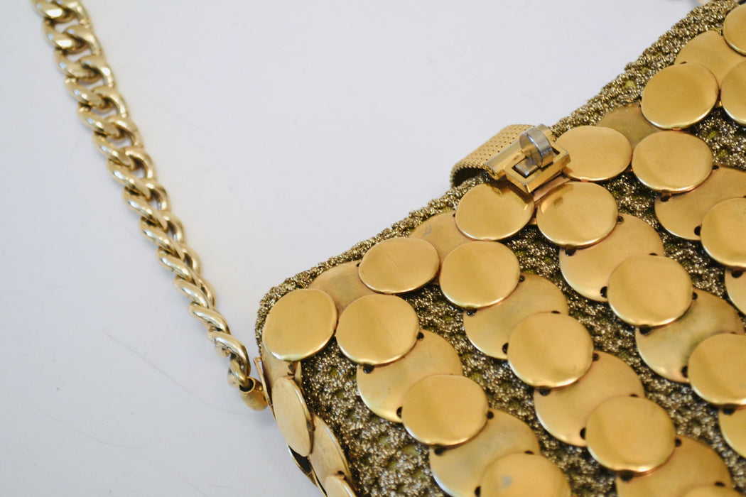 60s 70s Vintage Metallic Gold Metal Purse Chain Mail Wedding Disco Bag Made in Italy // Vintage Wedding Gold Metallic Bag Purse Paco Rabanne
