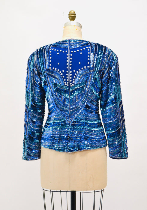 Vintage 80s 90s Blue Metallic Sequin Shirt Small Medium Blue silver Metallic// Vintage 80s Glam Sequin Shirt Long Sleeve blue Sequin Top