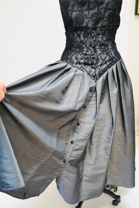 Vintage 80s 90s Black Grey lace Crinoline Skirt and Top Small Medium 80s Prom Madonna Dress// 80s Grey Taffeta Lace Party Dress Skirt Top