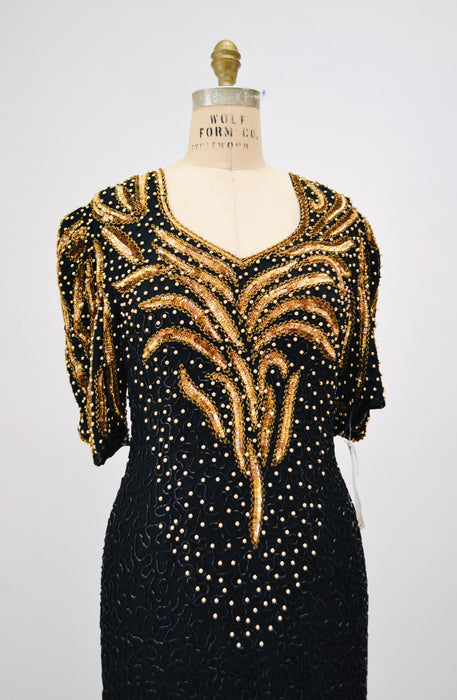 70s 80s GLAM Vintage Black Gold Beaded Sequin Evening Gown Small Medium // 80s 90s Pageant Drag Queen Black beaded Dress Gown Medium
