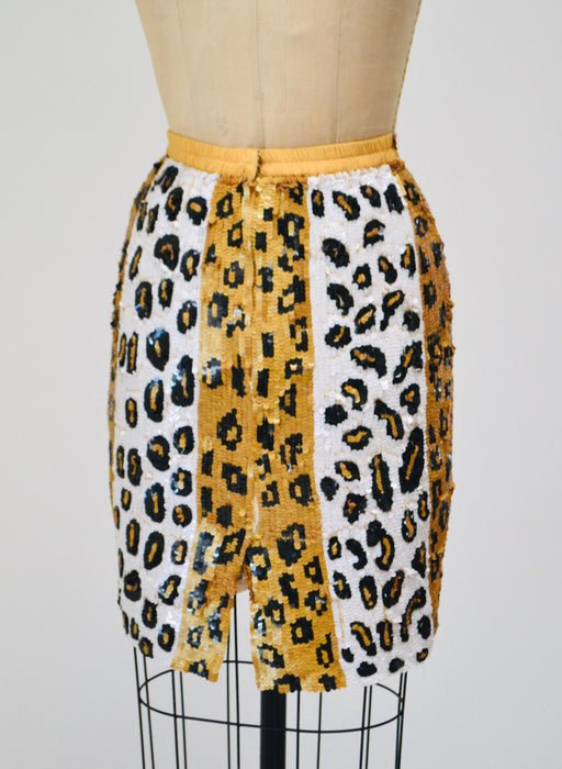 80s 90s Vintage Sequin Jacket Skirt Medium Leopard Cheetah Animal Pattern// 90s Glam Metallic Sequin Jacket Skirt Set Modi Sequin
