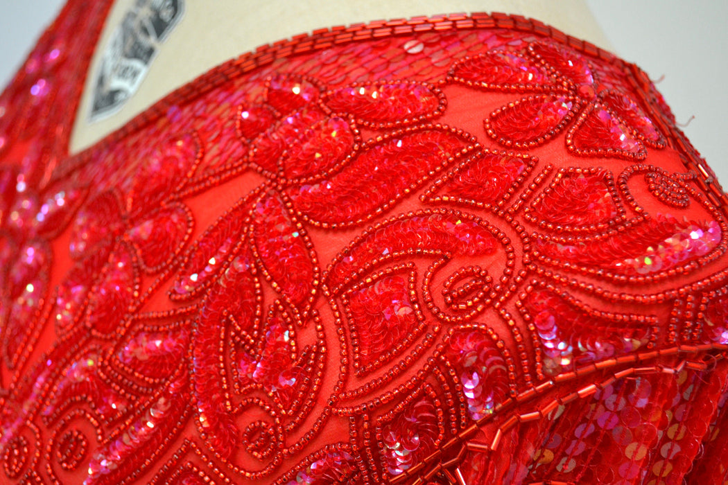 90s Vintage Red Sequin Beaded Dress Evening Gown Medium Large// 80s 90s Glam Red Sequin Long Sleeve Dress Beauty Pageant Showgirl Gown