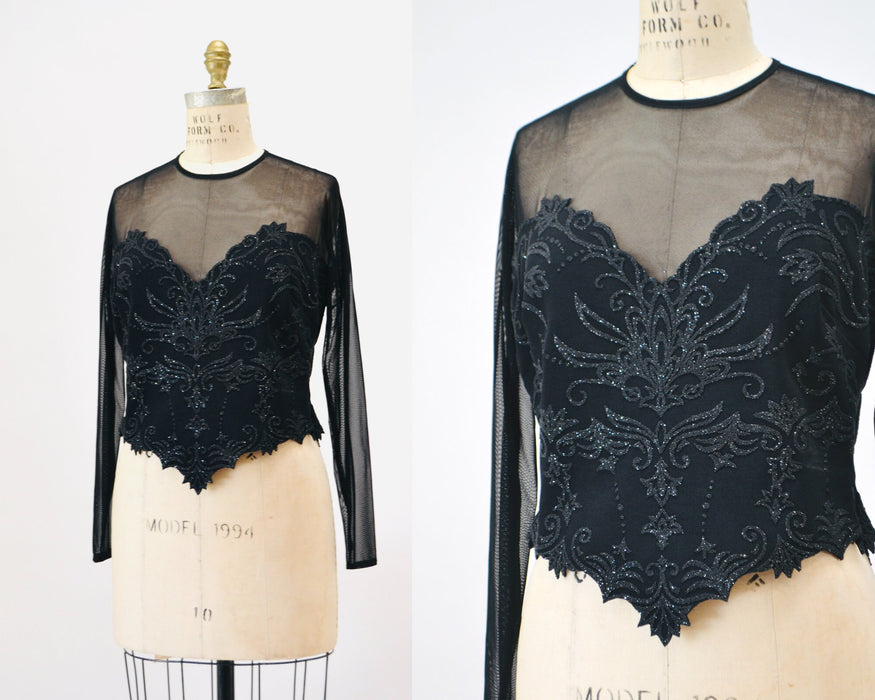 90s Vintage Sheer Black Velvet Top 90s Party Sheer long Sleeve Top Medium Large // 90s Sheer Mesh Velvet Party Shirt Tadashi Inspired Top