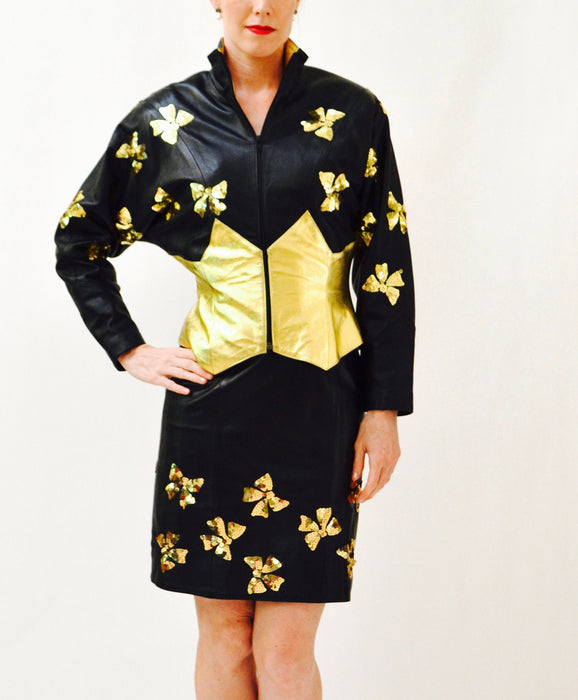 Vintage Black Leather Skirt Size Small Metallic Gold Sequin Bows Black leather Skirt 80s Glam By Lillie Rubin
