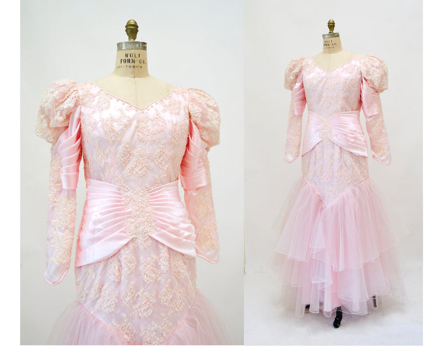 Vintage 80s Pink Ball Gown Wedding Dress Beaded Sequin Medium Pink Ball Pageant Gown Dress //80s Pink Glinda Wedding Dress Princess Gown