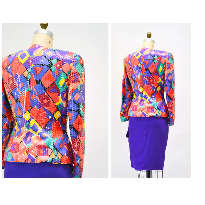 80s 90s Vintage Sequin Jacket Suit and Skirt By Lillie Rubin Abstract Rainbow Print Sequin Suit Medium large 80s Power Suit Sequin Jacket