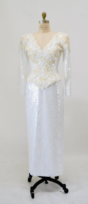 80s 90s Vintage White Lace Sequin Wedding Dress Vintage Conservative Wedding Dress SMALL Medium // Long Sleeve Vintage White Sequin Dress