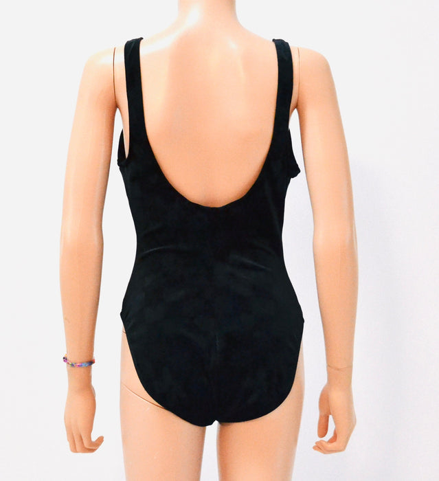 90s Vintage Black Velvet Swim Suit Black One Piece Black Velvet High cut swimsuit Size Medium Large by Sessa Flower Embossed Velvet Swimsuit