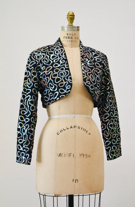 80s 90s Vintage Black Sequin Jacket Metallic Hologram Sequin Jacket XS Small// Black Cropped Sequin Bolero Silver Hologram Sequin jacket