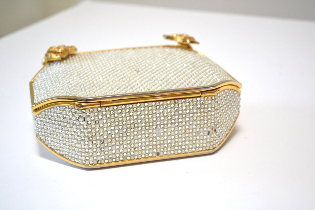 Vintage Judith Leiber Evening Bag Swarovski Crystal Minaudiere Gold Clutch Pearl Crystals Silver Gold Metal Clutch Bag wedding Purse