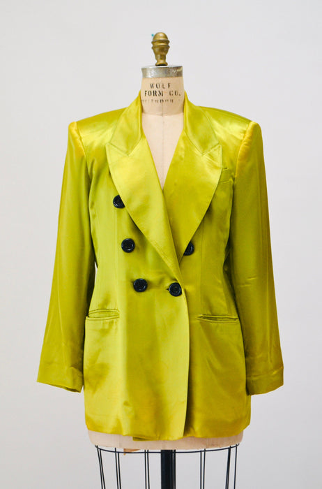 90s Vintage Lime Green Satin Jacket Blazer Green Satin Jacket Medium by Criscione // 90s Vintage Green Wedding Party Jacket Blazer