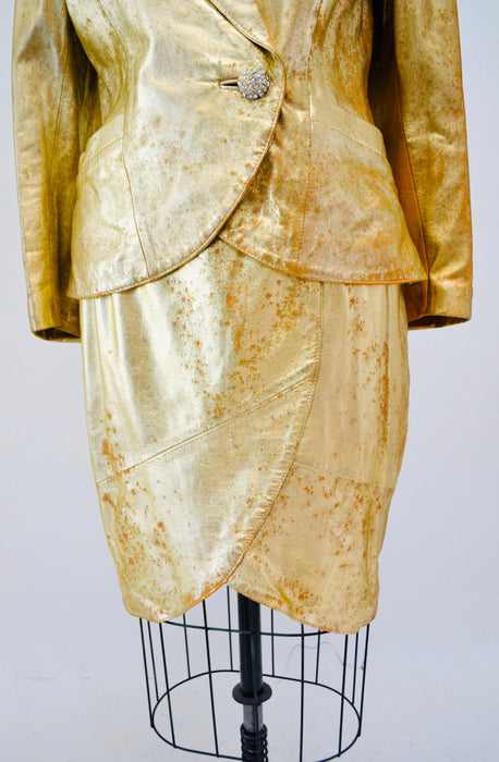 80s 90s Vintage Gold Metallic Rhinestone Leather Suit Jacket Skirt Set Lillie Rubin Medium Large 80s Glam Gold Studded Leather Jacket Skirt