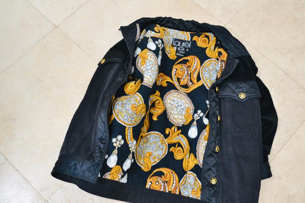 Vintage 80s 90s Black Gold Denim Jacket Quilted Black Jacket By  Laurel Medium Large// Vintage Black Gold Denim Satin Jacket Made in Italy
