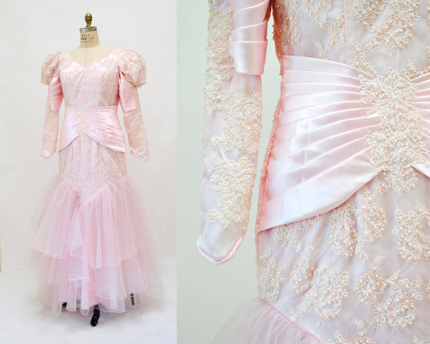 Vintage 80s Pink Ball Gown Wedding Dress Beaded Sequin Medium Pink Ball Pageant Gown Dress //80s Pink Glinda Wedding Dress Princess Gown