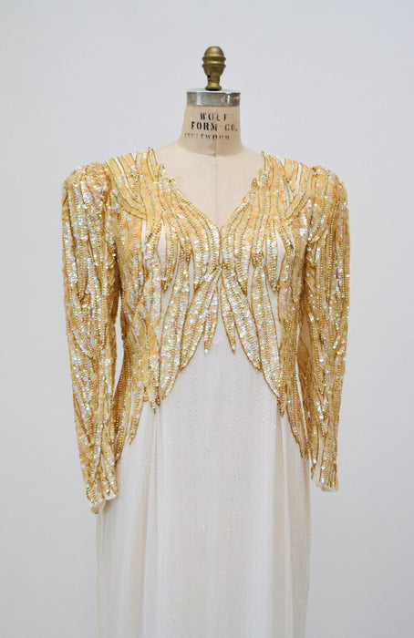 80s 90s Vintage off white Silver Cream Beaded Sequin Dress Gown Medium Pageant Wedding Party Dress Large White Beaded Dress