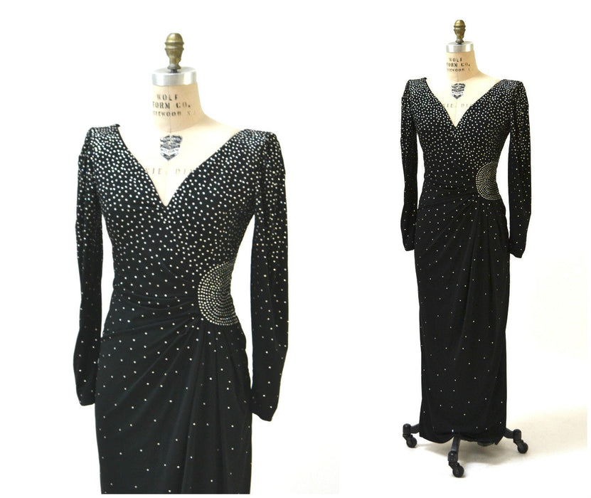 80s Vintage Black Evening Gown With Rhinestones Long Sleeves Medium Large by Rose Taft// Vintage Black Dress Metallic Pageant Dress Gown