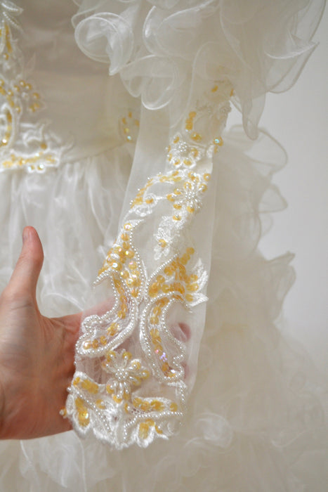 Vintage 80s 90s Wedding Dress GOWN White Sequin Ruffle 80s 90s Wedding Gown Dress Small Medium Long Sleeve High Neck Sequin Beaded Dress