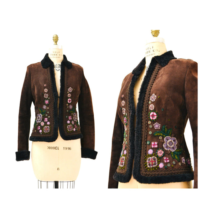 90s 00s Y2k Vintage Moschino Cheap and Chic Embroidered Shearling Sheepskin Jacket Afghan Coat Brown Purple Flower Jacket Small Medium