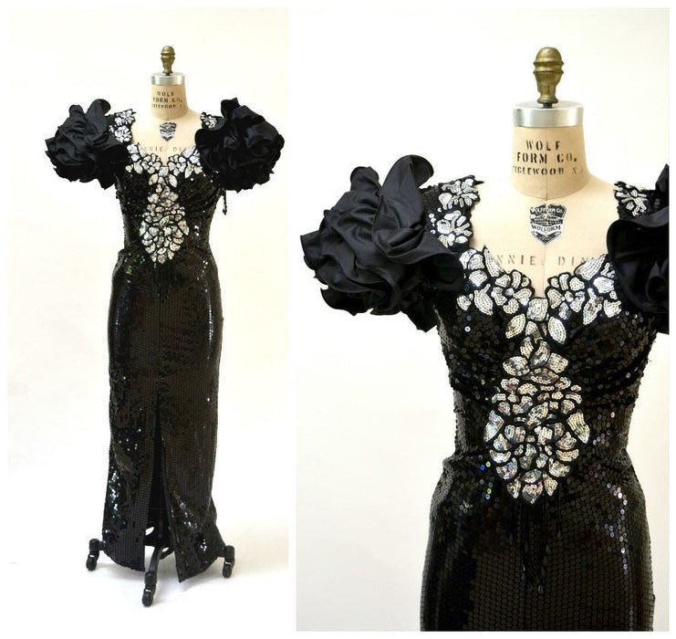 80s Vintage Black Prom Dress Sequin Dress Evening Gown 80s Small Medium// 80s Pageant Dress Black Sequins Fringe Drag Queen Alyce Designs