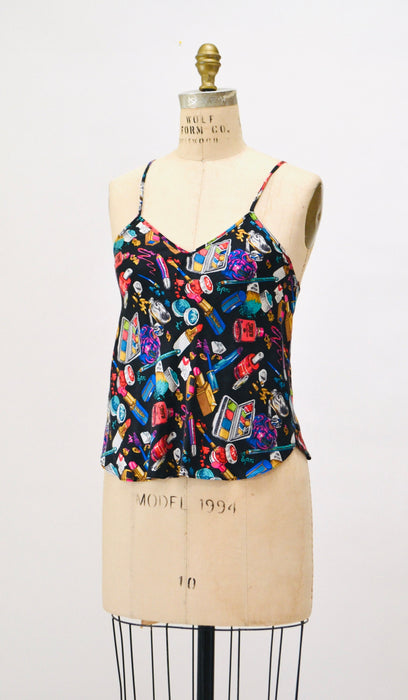 90s Nicole Miller Vintage Silk Tank Top Make UP Lip Stick Cosmetologist Print Small Medium // Vintage Silk Cami lingerie Make up Print