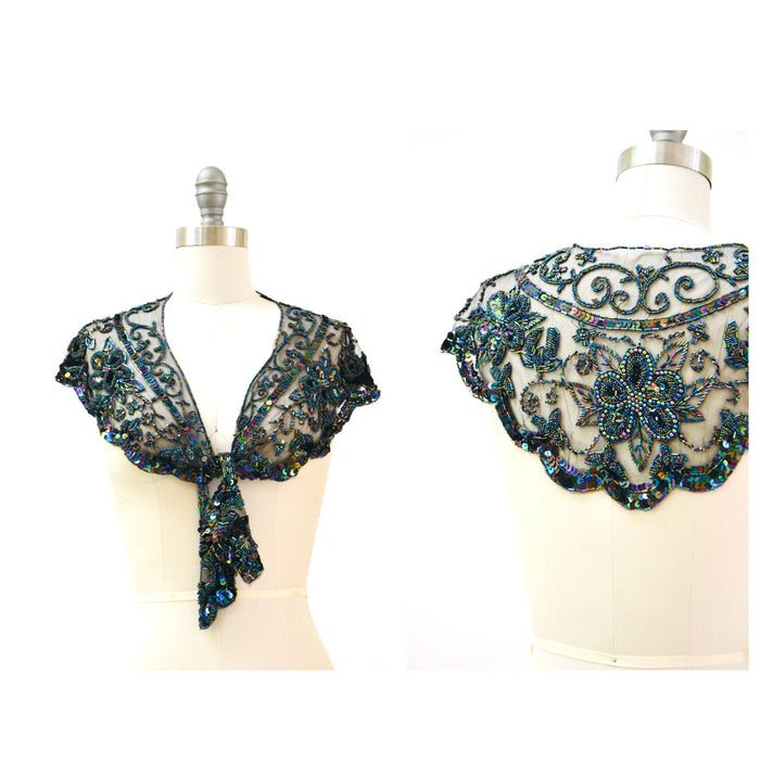 Vintage Black \Beaded Sequin Shawl Wrap Burlesque Flapper Black Sequin Beaded Wrap Vintage Sharmark Las Vegas Wrap Collar Shawl