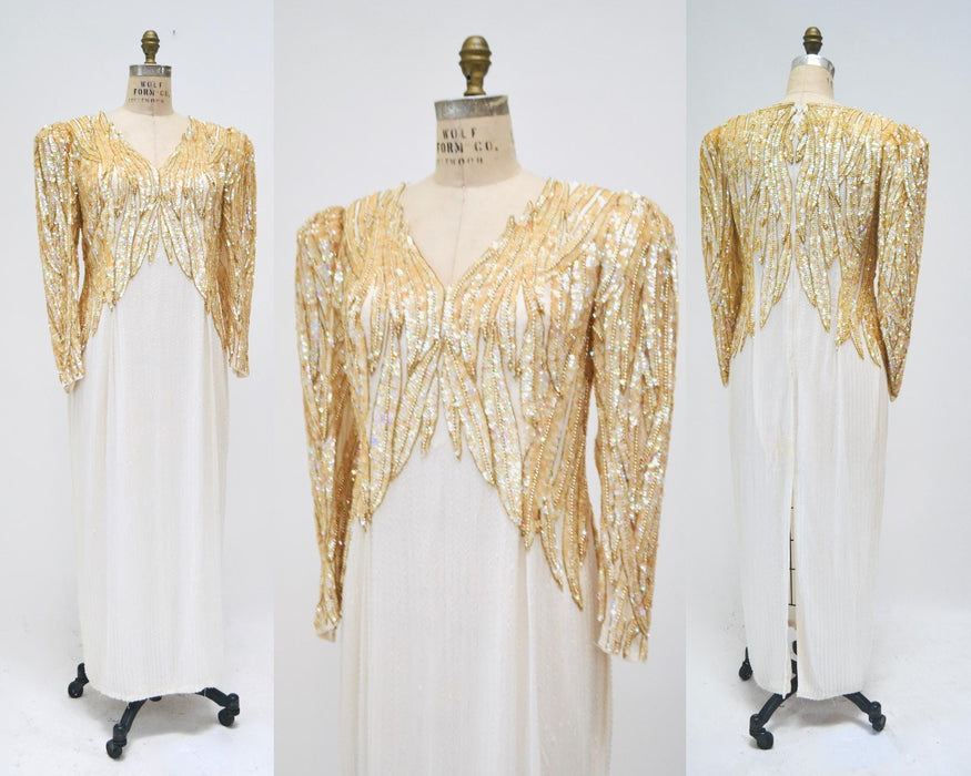 80s 90s Vintage off white Silver Cream Beaded Sequin Dress Gown Medium Pageant Wedding Party Dress Large White Beaded Dress